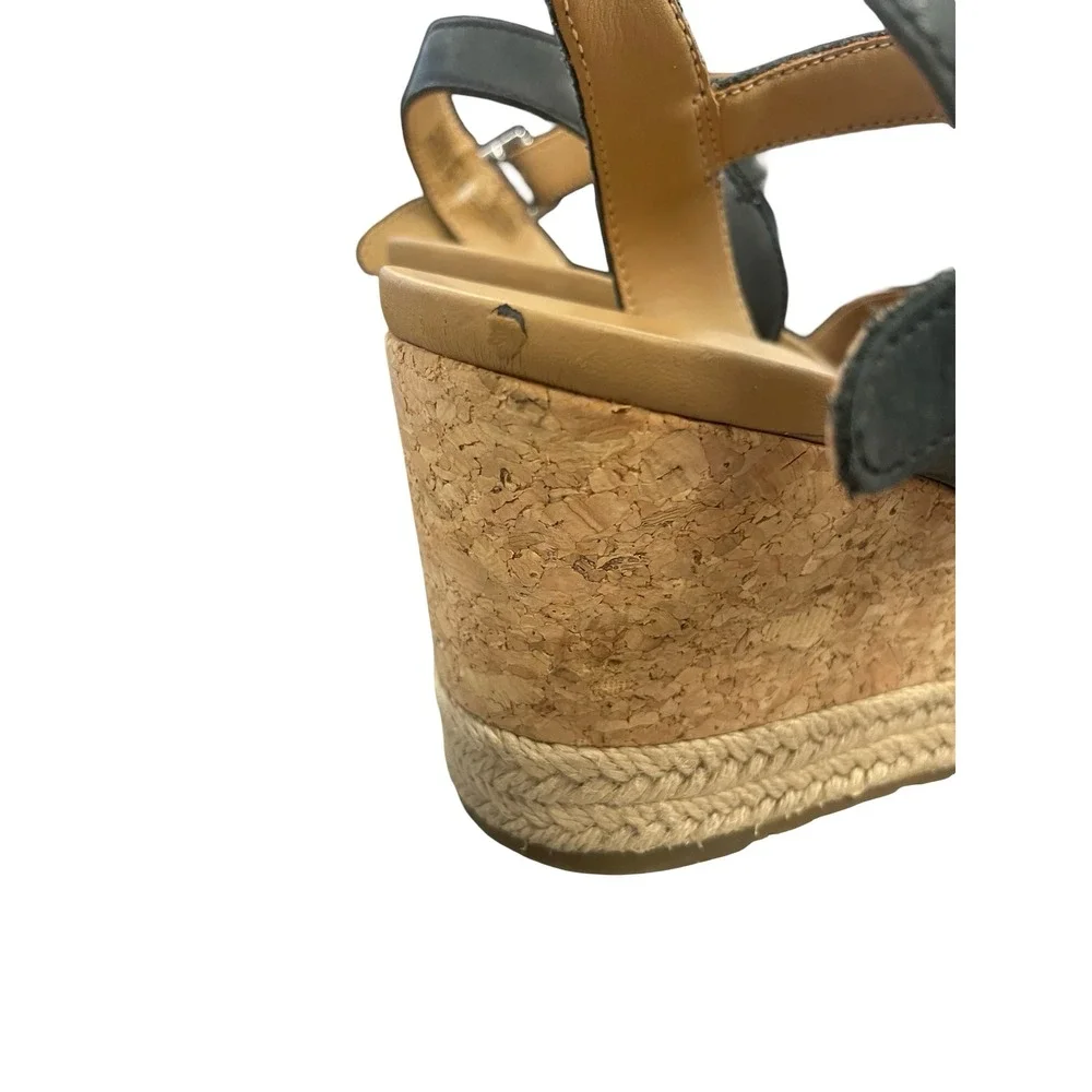 UGG Women's 1112681 Black Leather Cork Wedge Espadrille Sandals Sz 7 boho beach